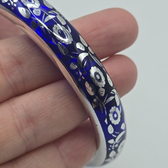 Silver‎ Blue Floral Bangle Bracelet Boho Statement Jewelry - Picture 3 of 9